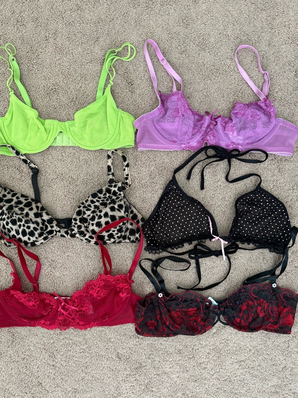 Cosabella Mixed Color Lace & Mesh Bra Lot - Lime, Lilac, Leopard, Black, Red